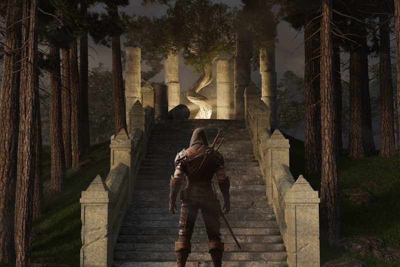 An armored figure stands before stone stairs leading to a glowing ancient ruin in a dark forest