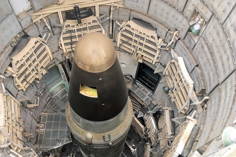 A Titan II intercontinental ballistic missile housed vertically inside a reinforced concrete nuclear missile silo