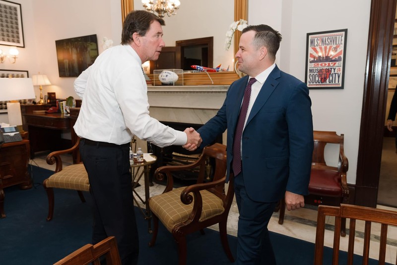 Bill Pulte shakes hands with Senator Bill Hagerty in a Senate office in Washington, DC